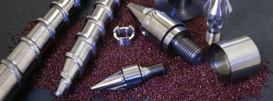 Injection feedscrew, nozzles, mixing tips for injection molding a